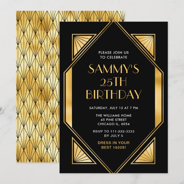 Invitation Soirée d'anniversaire Gold et Black Art Déco (Devant / Derrière)