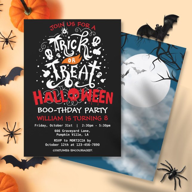 Invitation Soirée d'anniversaire Halloween Trick or Treat  (Trick or Treat Halloween Birthday Party Invitation)