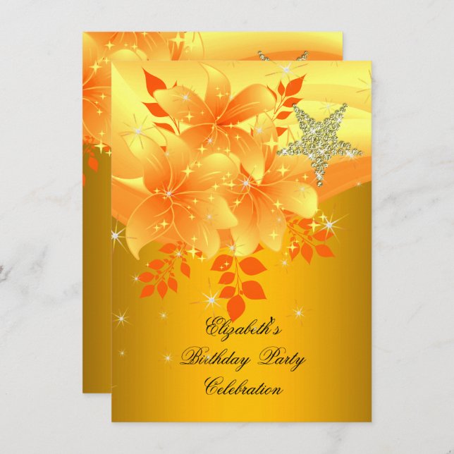Invitation Soirée d'anniversaire Jaune Fleur Tout âge (Devant / Derrière)