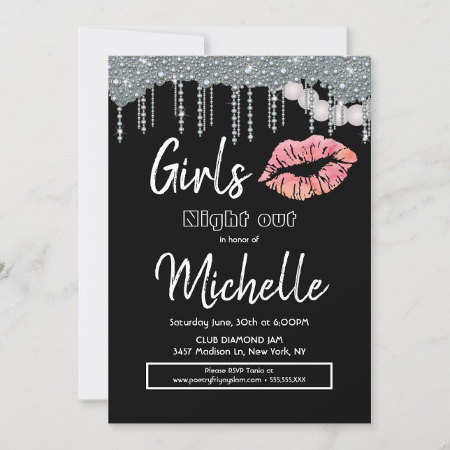 Invitation Soirée d'anniversaire lèvres de fête des dames (Devant)