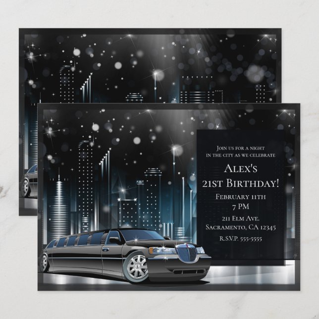 Invitation Soirée d'anniversaire limousine bleu et noir dans  (Devant / Derrière)