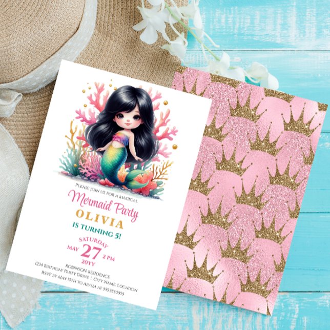 Invitation Soirée d'anniversaire magique de sirène (Enchanted dark-haired mermaid birthday invitation front and back.)