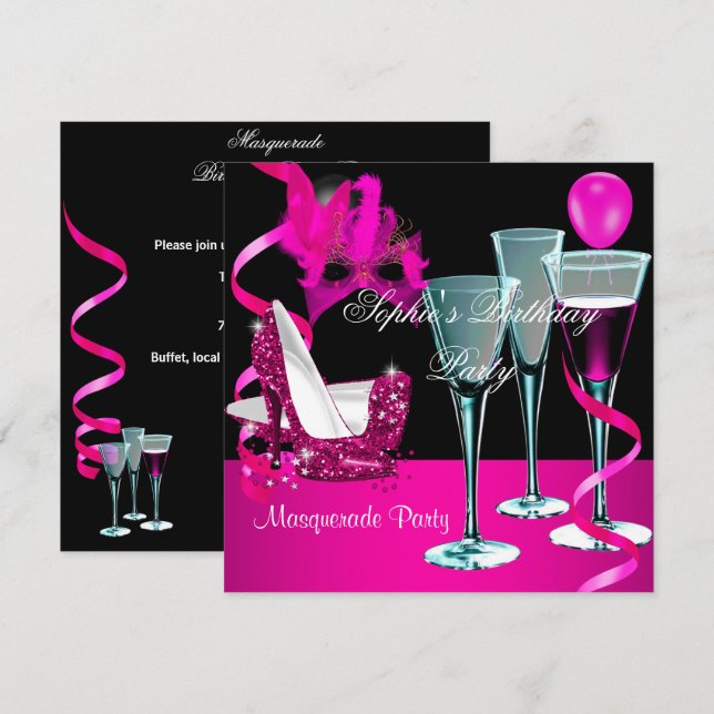 Invitation Soirée d'anniversaire masquée Rose à talons aiguil (Devant / Derrière)
