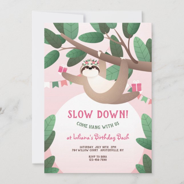 Invitation Soirée d'anniversaire mignonne Sloth (Devant)