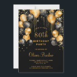 Invitation Soirée d'anniversaire moderne 80th Black Gold<br><div class="desc">Célébrez cet anniversaire marquant avec une invitation sophistiquée et moderne ! Doté d'un arrière - plan noir orné de ballons dorés chatoyants et de confettis de parties scintillant dorée scintillants. Personnalisez avec les détails de votre événement. Disponible en version imprimée, en téléchargement numérique ou les deux ! Vous pouvez ajouter...</div>
