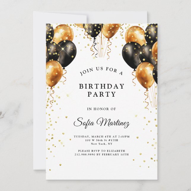Invitation Soirée d'anniversaire moderne élégante Black Gold (Devant)