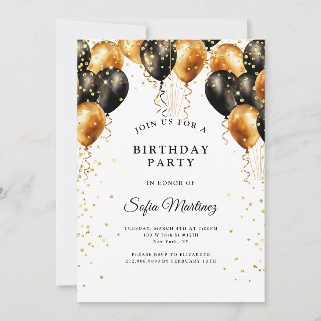 Invitation Soirée d'Anniversaire Moderne Elégante Noir Or sur (Devant)