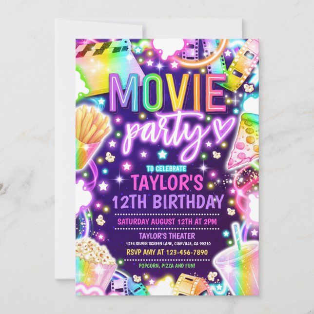 Invitation Soirée d'anniversaire Neon Rainbow Movie Party (Devant)