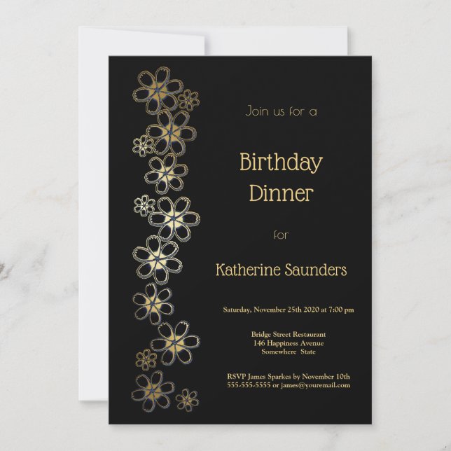 Invitation Soirée d'anniversaire noir et or (Devant)