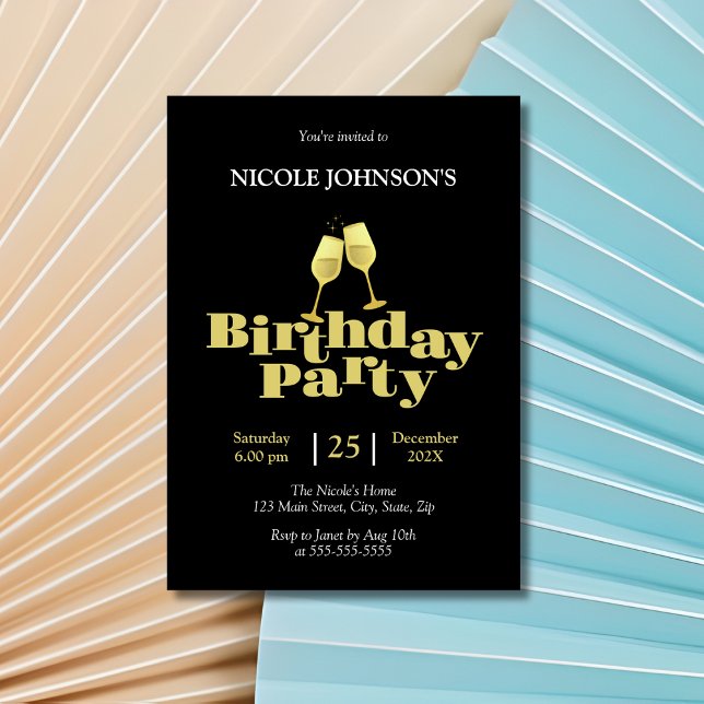 Invitation Soirée d'Anniversaire Noire Champagne Gold (Créateur téléchargé)