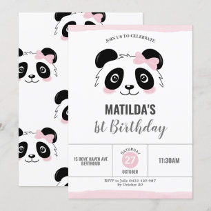 Invitation Soirée d'anniversaire Panda Rose Noir et Blanc