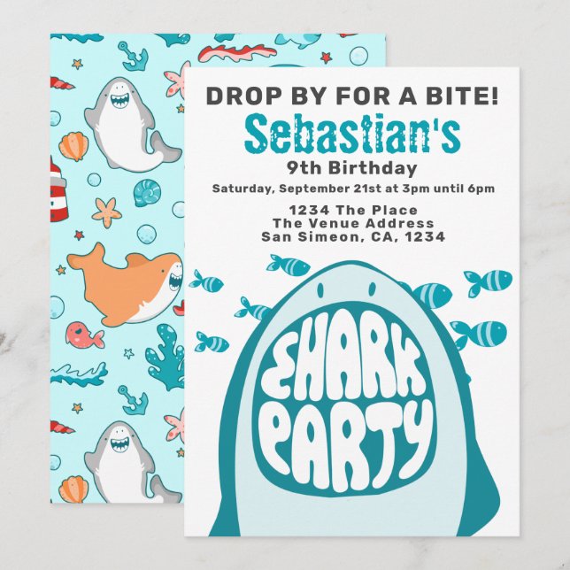 Invitation Soirée d'anniversaire personnalisée pour le requin (Devant / Derrière)