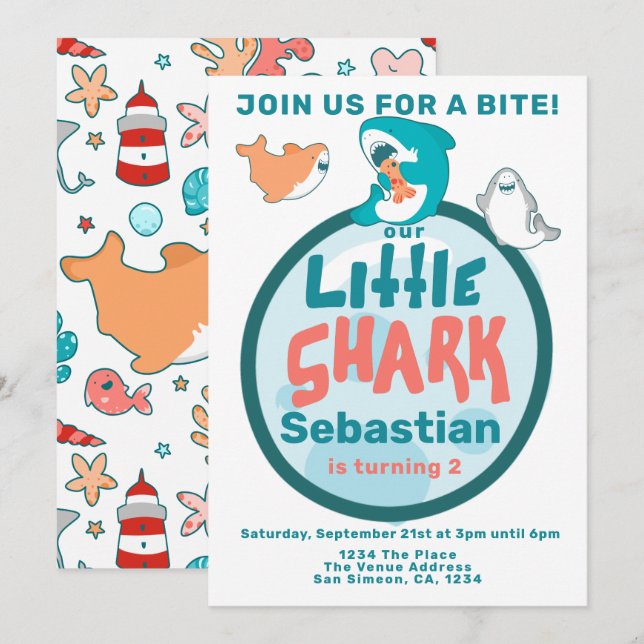 Invitation Soirée d'anniversaire personnalisée pour le requin (Devant / Derrière)