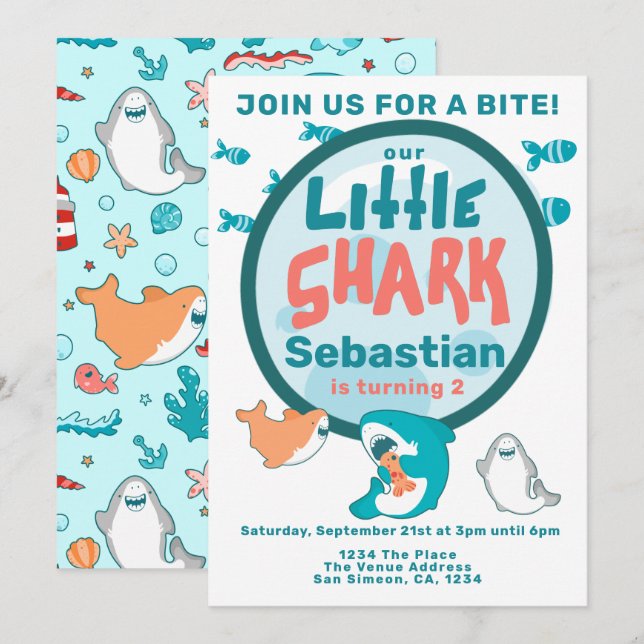 Invitation Soirée d'anniversaire personnalisée pour le requin (Devant / Derrière)
