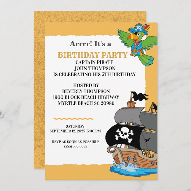 Invitation Soirée d'Anniversaire Pirate (Devant / Derrière)