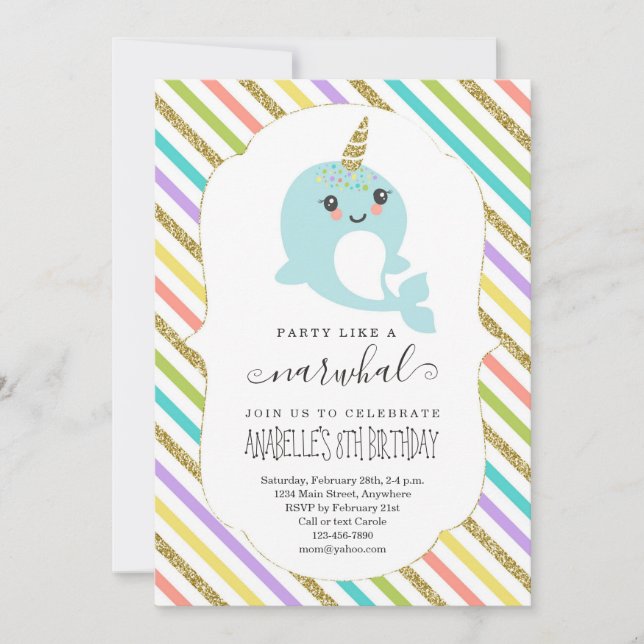 Invitation Soirée d'anniversaire pour filles à thème Narwhal  (Devant)