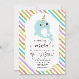 Invitation Soirée d'anniversaire pour filles à thème Narwhal 