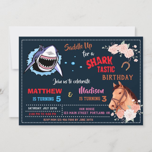 Invitation Soirée d'anniversaire pour les requins et les chev (Devant)
