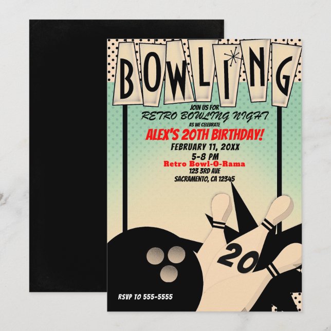 Invitation Soirée d'anniversaire rétro vintage bowling (Devant / Derrière)