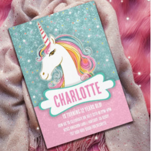 Invitation Soirée d'anniversaire rose et bleu licorne