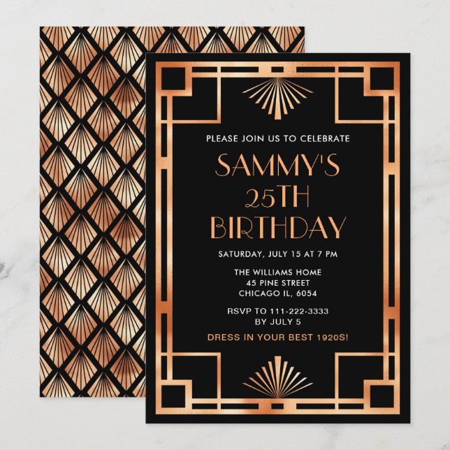 Invitation Soirée d'anniversaire rose Gold et Black Art Déco (Devant / Derrière)
