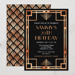 Invitation Soirée d'anniversaire rose Gold et Black Art Déco