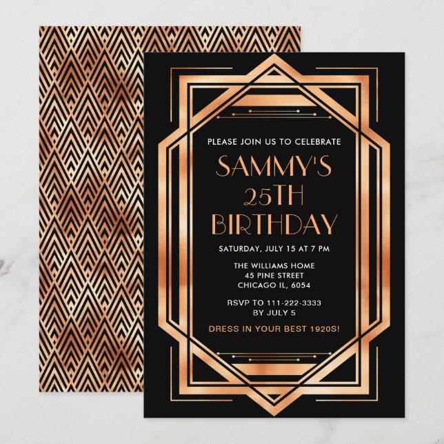 Invitation Soirée d'anniversaire rose Gold et Black Art Déco (Devant / Derrière)