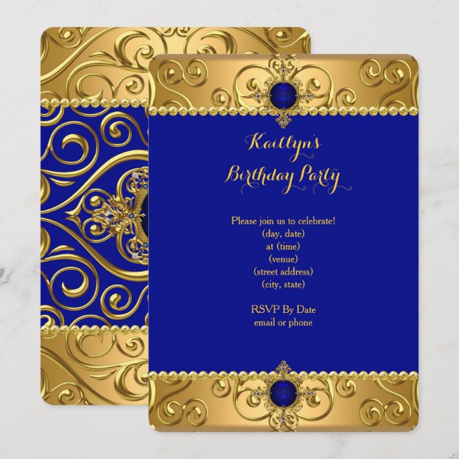 Invitation Soirée d'anniversaire Royal Blue Damask Gold R (Devant / Derrière)