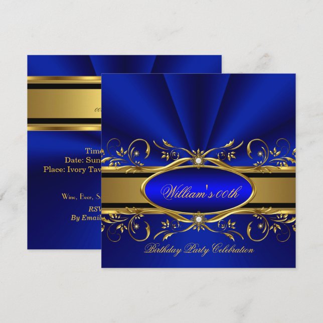 Invitation Soirée d'anniversaire Royal Blue Gold (Devant / Derrière)