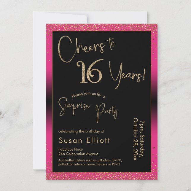 Invitation Soirée d'anniversaire surprise de 16 ans, rose (Devant)