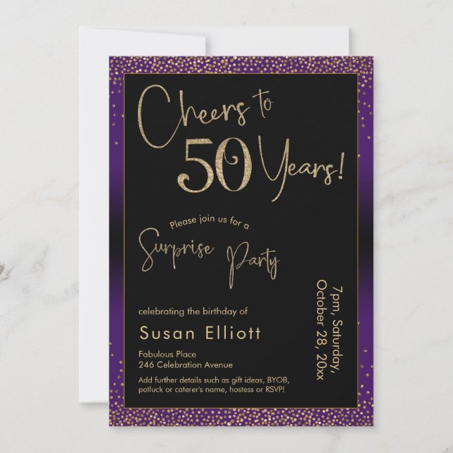 Invitation Soirée d'anniversaire surprise de 50 ans, violet (Devant)