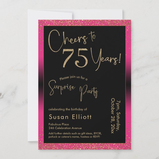 Invitation Soirée d'anniversaire surprise de 75 ans, rose (Devant)