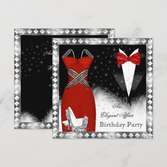 Invitation Soirée d'anniversaire tenue de soirée robe rouge a (Devant / Derrière)