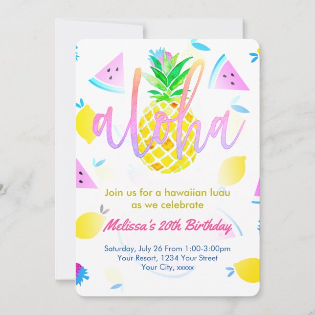 Invitation soirée d'anniversaire tropical aloha script (Devant)