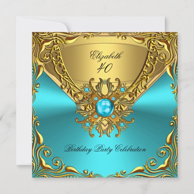 Invitation Soirée d'Anniversaire Turquoise Blue Jewel Gold (Devant)