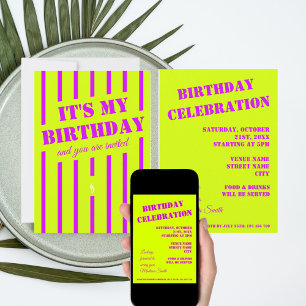 Invitation Soirée d'anniversaire vert néon jaune violet Invit