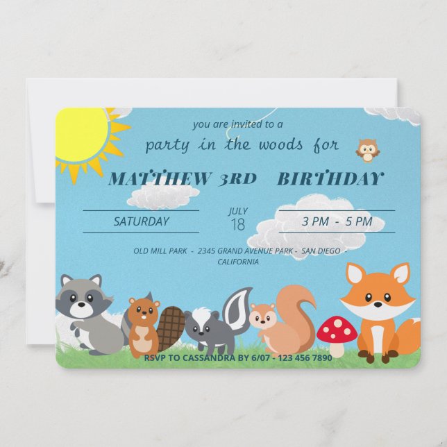 Invitation Soirée Dans Le Bois Animaux Enfants Anniversaire (Devant)