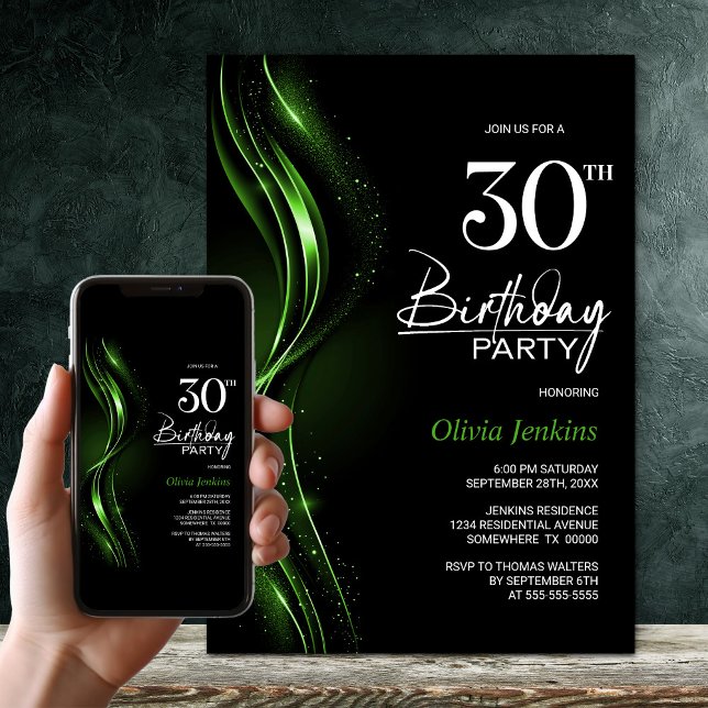 Invitation Soirée de 30e anniversaire noir et vert (Créateur téléchargé)