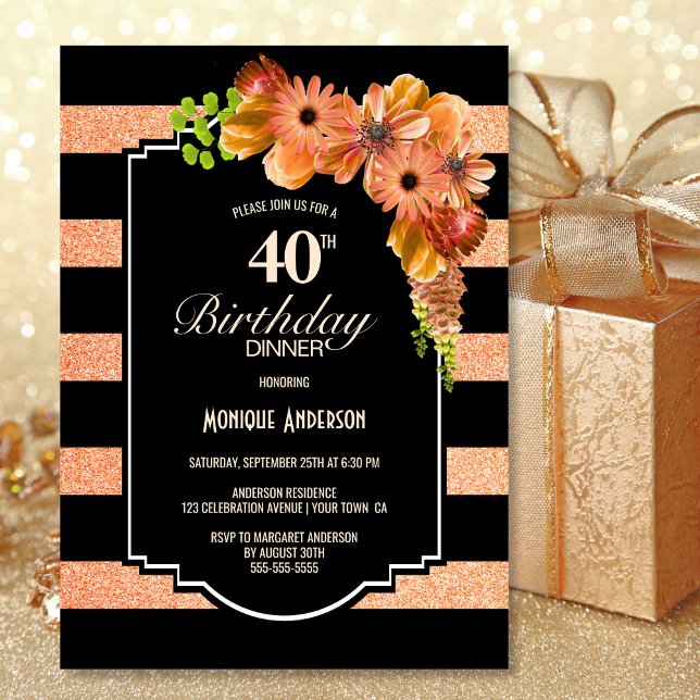Invitation Soirée de 40e anniversaire de Corail rayé Floral (Créateur téléchargé)