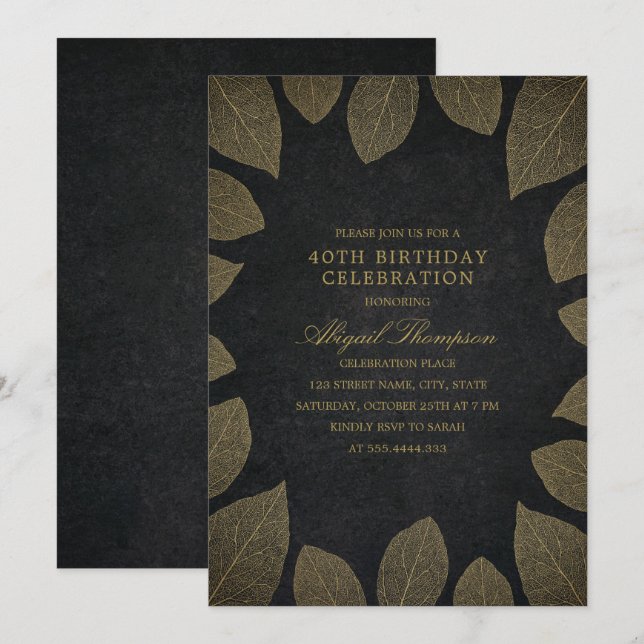 Invitation Soirée de 40e anniversaire Elegant Black Gold Feui (Devant / Derrière)