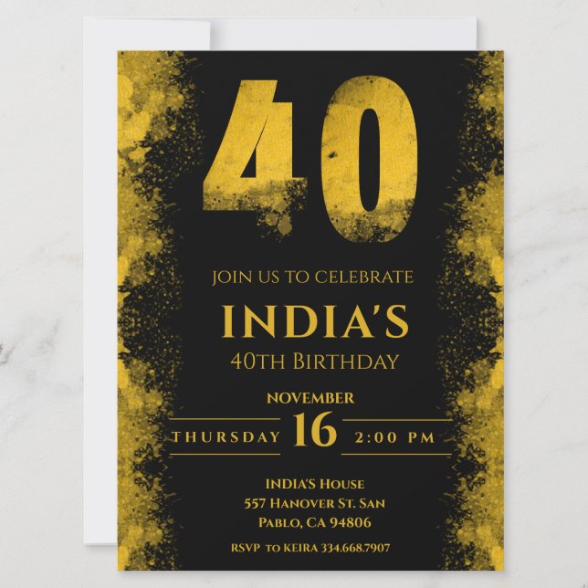 Invitation Soirée de 40e anniversaire en noir et or (Devant)