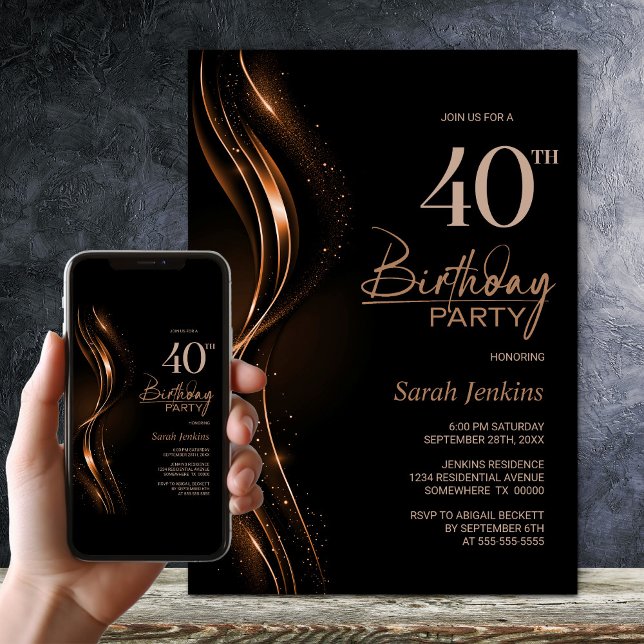 Invitation Soirée de 40e Anniversaire noir et orange (Créateur téléchargé)