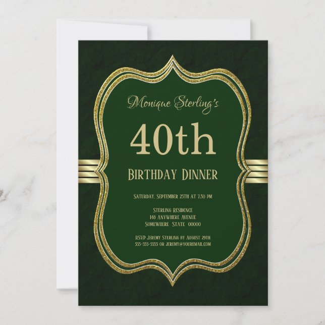 Invitation Soirée de 40e Anniversaire Vert et Or (Devant)