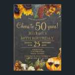 Invitation Soirée de 50 ans d'automne rustique 50e anniversai<br><div class="desc">Des tournesols en or jaune et orange rouillé, des raisins, deux verres de vin rouge et un citrouille d'aquarelle sur un arrière - plan en bois de grange brun foncé qui rend un élégant encouragement à la fête d'anniversaire de 50 ans avec une écriture branchée script de typographie or. Facile...</div>
