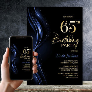 Invitation Soirée de 65e anniversaire en noir et bleu élégant