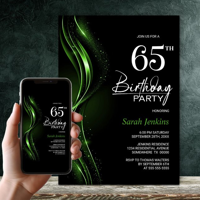 Invitation Soirée de 65e anniversaire en noir et vert (Créateur téléchargé)