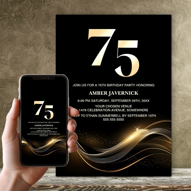 Invitation Soirée de 75e anniversaire de Black and Gold (Créateur téléchargé)