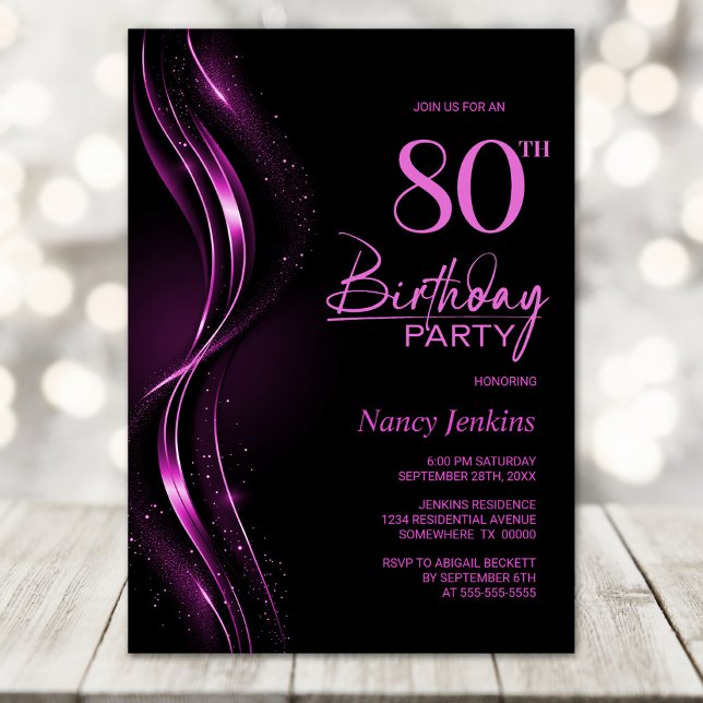 Invitation Soirée de 80e anniversaire de style noir et rose (Créateur téléchargé)