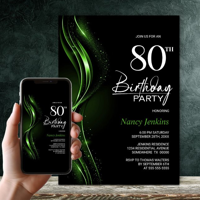 Invitation Soirée de 80e anniversaire en noir et vert élégant (Créateur téléchargé)