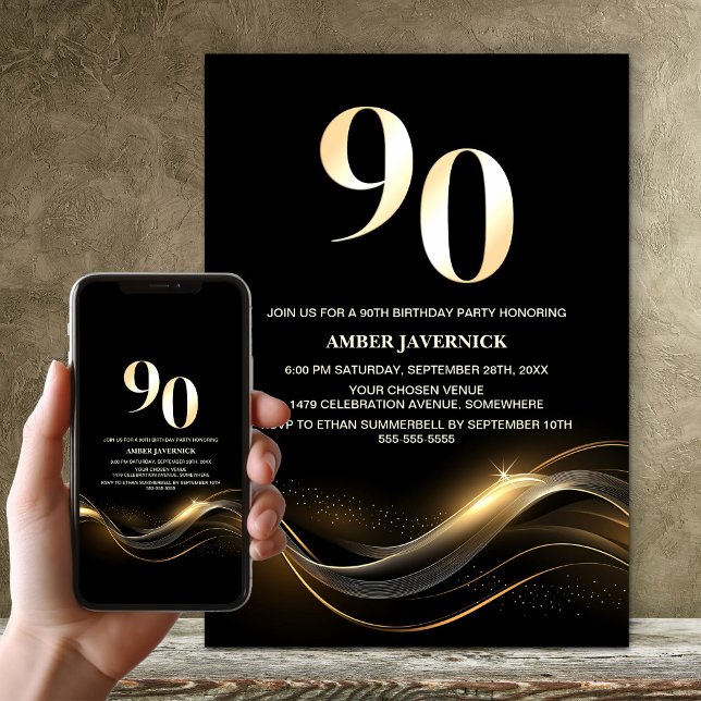 Invitation Soirée de 90e anniversaire de Black and Gold (Créateur téléchargé)